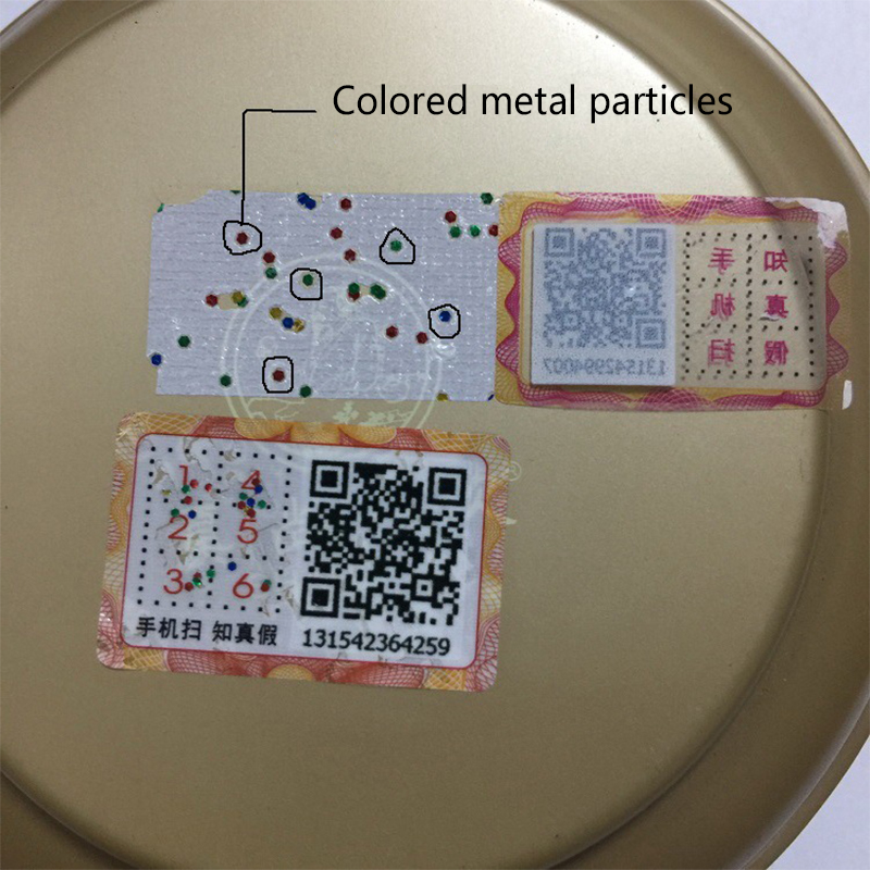 Цветная защитная этикетка с металлическими частицами Индивидуальные наклейки продукта, которые оставляют нижнюю часть после разрыва